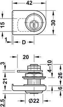 Glastür-Hebelverschluss, mit Stiftzylinder, Dornmaß 26 mm, kundenspezifische Schließanlage HS/GHS