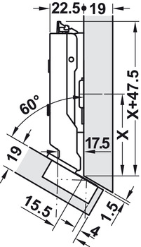 Topfscharnier, Tiomos 120°, aufliegend, für –30°-Winkelanwendungen