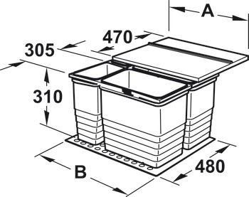 Firdobbelt affaldsspand, til Häfele Matrix Box P, 2 x 8 og 1 x 17 liter / 2 x 8 og 2 x 17 liter