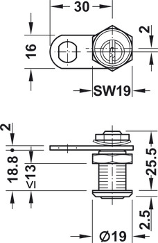 Tungelås, med stiftcylinder, møtrikmontage, låseretning 90°, (omstillelig, med låsetvang), lågetykkelse ≤ 13 mm