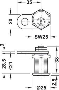 Tungelås, med stiftcylinder, møtrikmontage, låseretning 90°, (omstillelig, med låsetvang), lågetykkelse ≤ 21 mm, kundespecifikt låsesystem