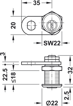 Tungelås, med stiftcylinder, møtrikmontage, låseretning 90°, (omstillelig, med låsetvang), lågetykkelse ≤ 18 mm, normalprofil kundespecifik