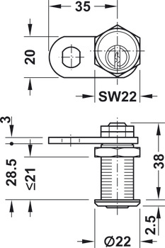 Tungelås, med stiftcylinder, møtrikmontage, låseretning 90°, (omstillelig, med låsetvang), lågetykkelse ≤ 21 mm, normalprofil kundespecifik