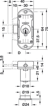 Drejestangslås, Häfele Piccolo-Nova, med stiftcylinder, kundespecifikt låsesystem HS/GHS