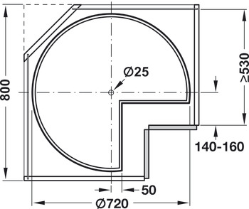 Trekvartcirkel-drejehylde, til underskab 800 x 800 mm