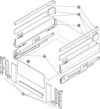 inderudtrækssæt, Häfele Matrix Box P35 VIS, med frontindsats foran, firkantet sideræling og holder til sidepanel, sarghøjde 92 mm, bæreevne 35 kg